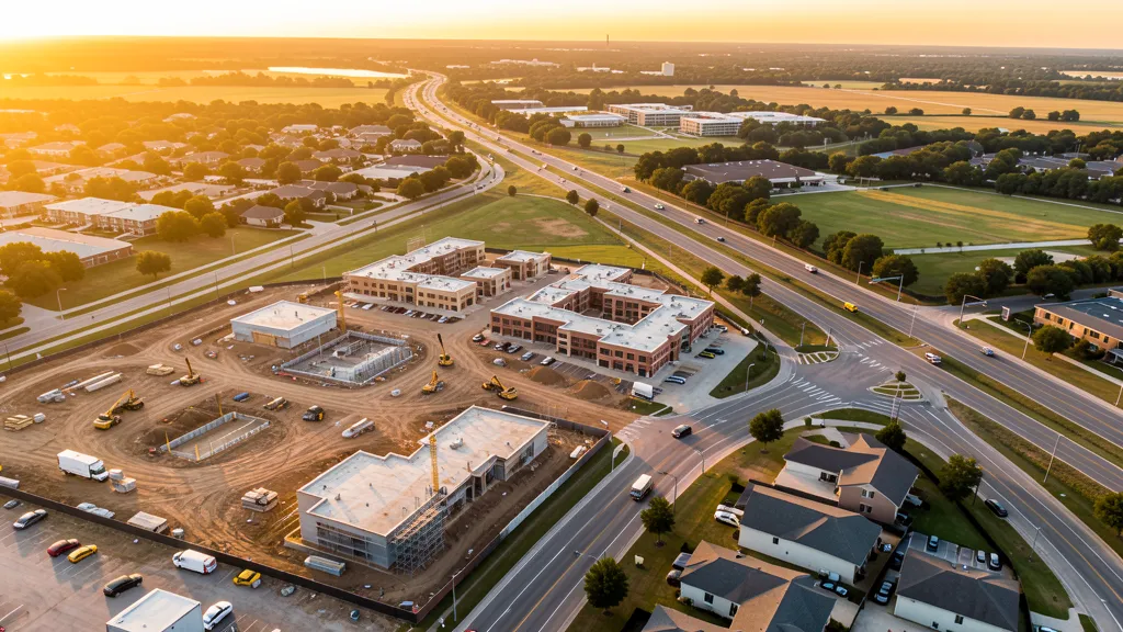 aerial imaging in progress at a construction site in Allen, TX with local terrain visible