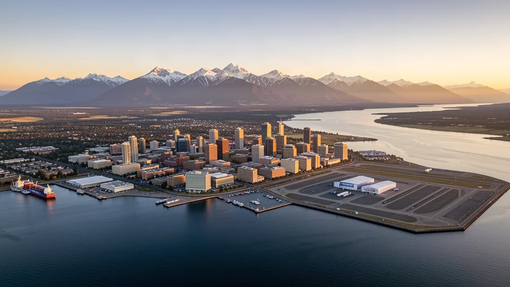 Aerial view of Anchorage, AK showing the local landscape and terrain relevant to aerial imaging operations