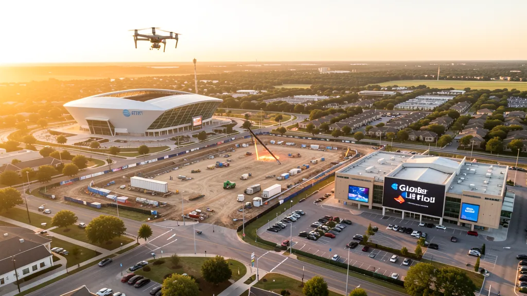 aerial imaging in progress at a construction site in Arlington, TX with local terrain visible
