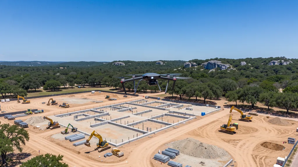 aerial imaging in progress at a construction site in Austin, TX with local terrain visible