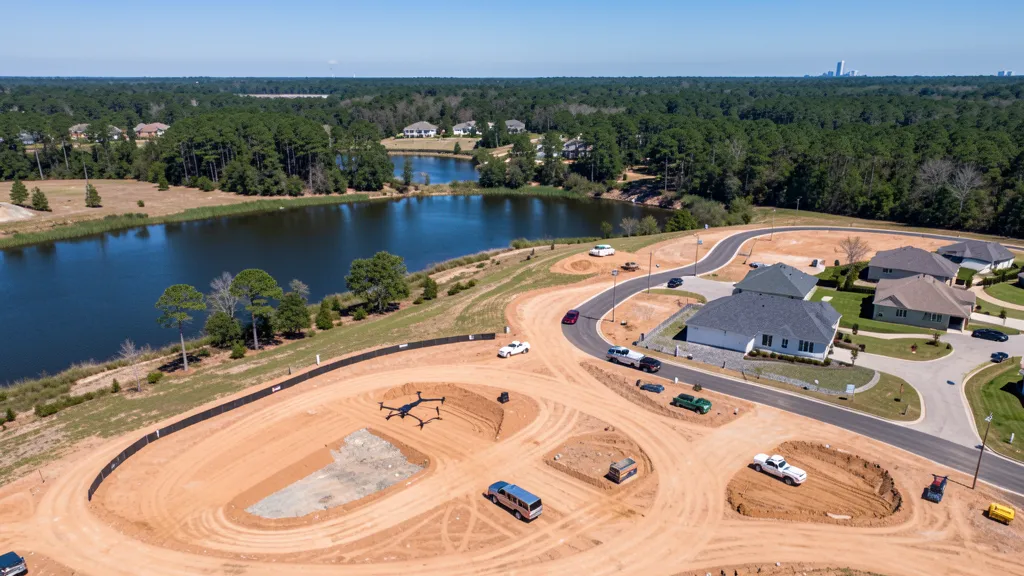 aerial imaging in progress at a construction site in Bastrop, TX with local terrain visible
