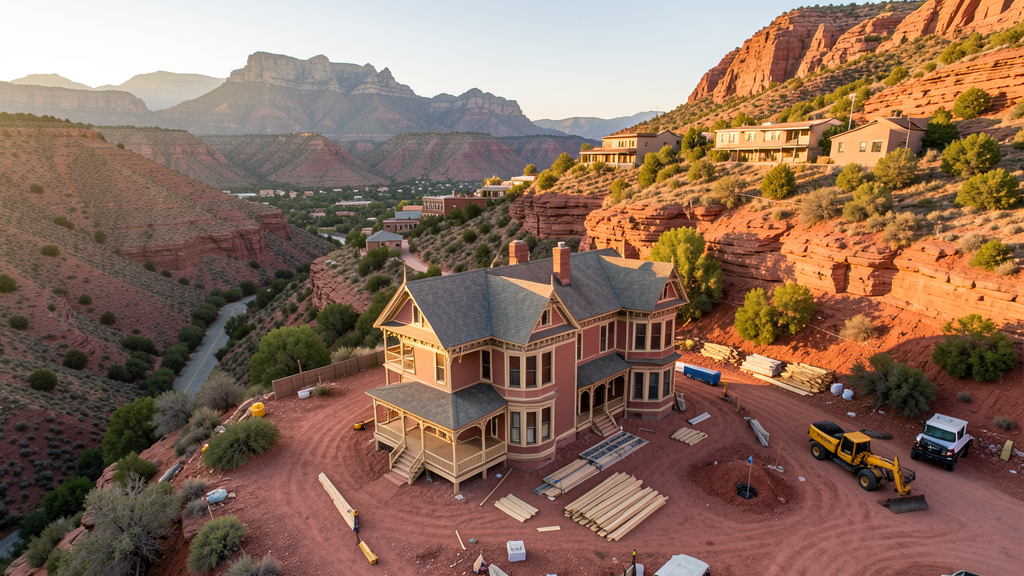 Drone survey in progress at a construction site in Bisbee, AZ with local terrain visible