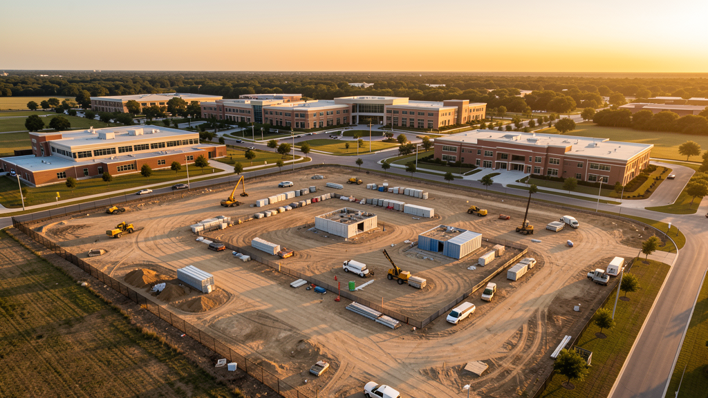 Drone survey in progress at a construction site in Bryan, TX with local terrain visible