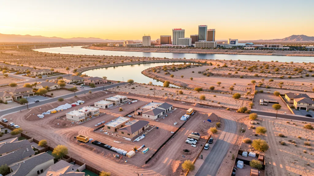 aerial imaging in progress at a construction site in Bullhead City, AZ with local terrain visible