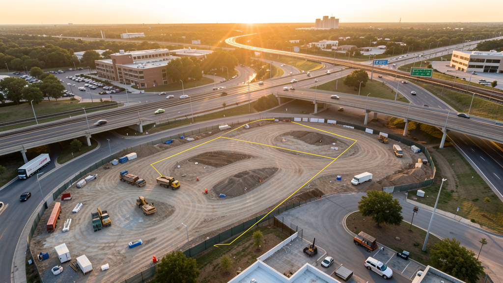 Drone survey in progress at a construction site in Carrollton, TX with local terrain visible