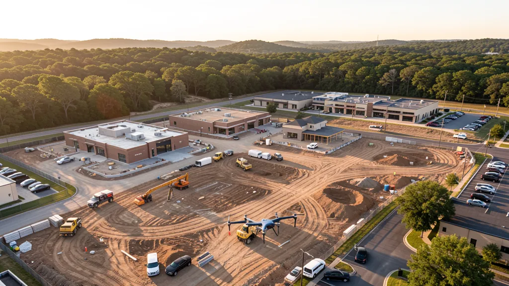 aerial imaging in progress at a construction site in Cedar Park, TX with local terrain visible