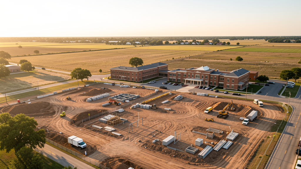 Drone survey in progress at a construction site in College Station, TX with local terrain visible