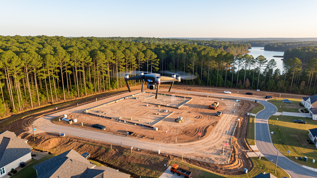 Drone survey in progress at a construction site in Conroe, TX with local terrain visible