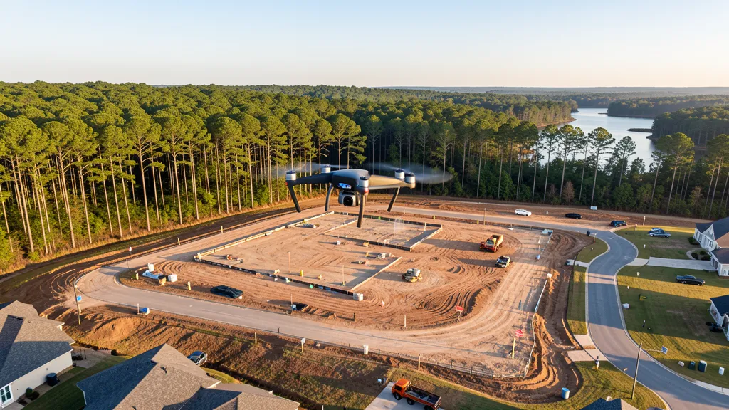 aerial imaging in progress at a construction site in Conroe, TX with local terrain visible
