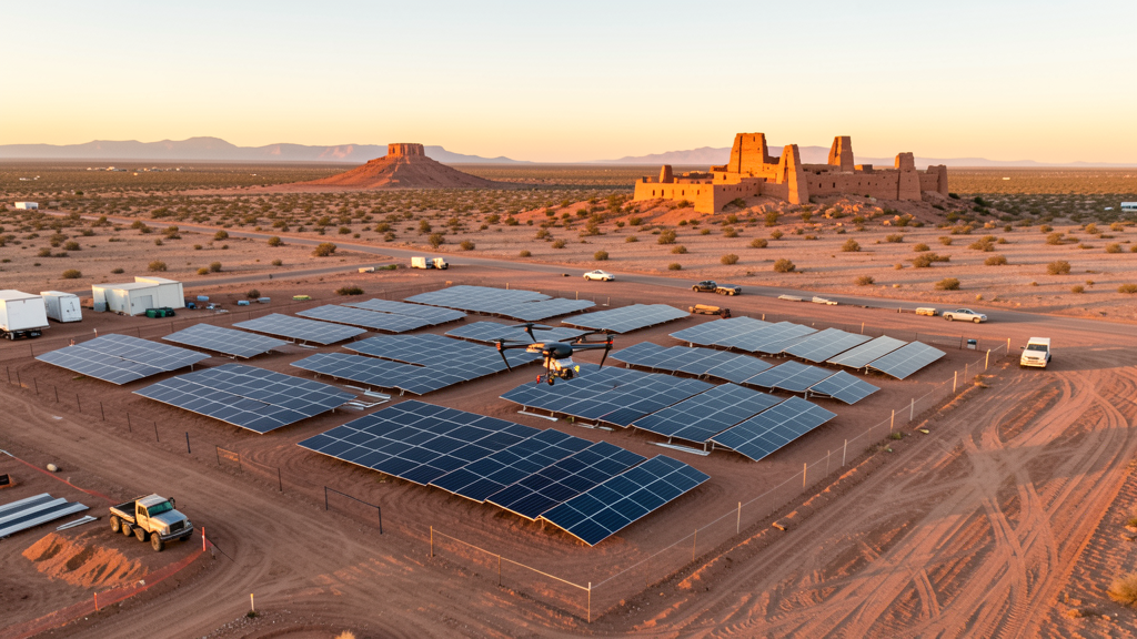 Drone survey in progress at a construction site in Coolidge, AZ with local terrain visible
