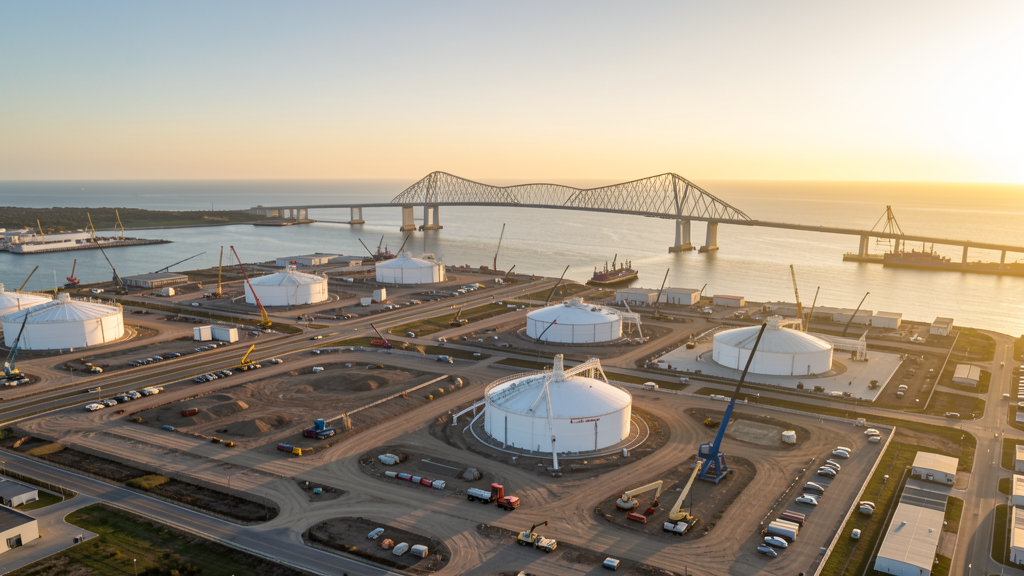 Drone survey in progress at a construction site in Corpus Christi, TX with local terrain visible