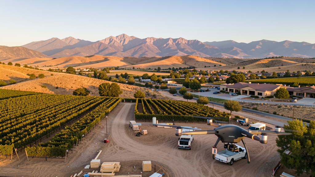 Drone survey in progress at a construction site in Cottonwood, AZ with local terrain visible