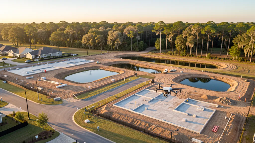 aerial imaging in progress at a construction site in Cypress, TX with local terrain visible