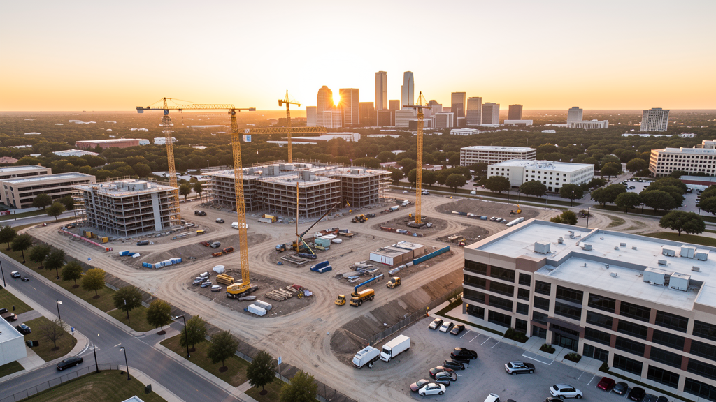Drone survey in progress at a construction site in Dallas, TX with local terrain visible