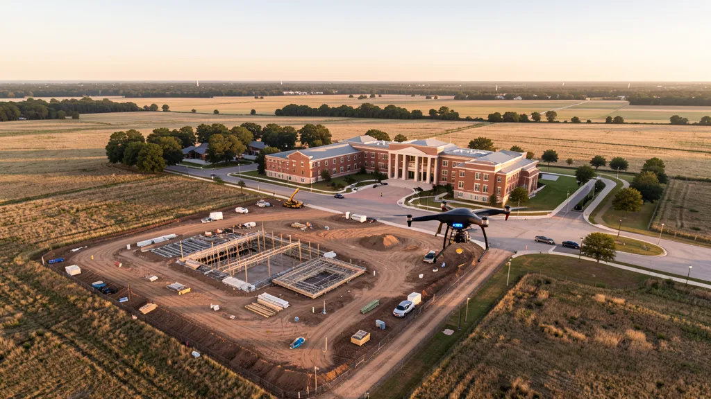 aerial imaging in progress at a construction site in Denton, TX with local terrain visible
