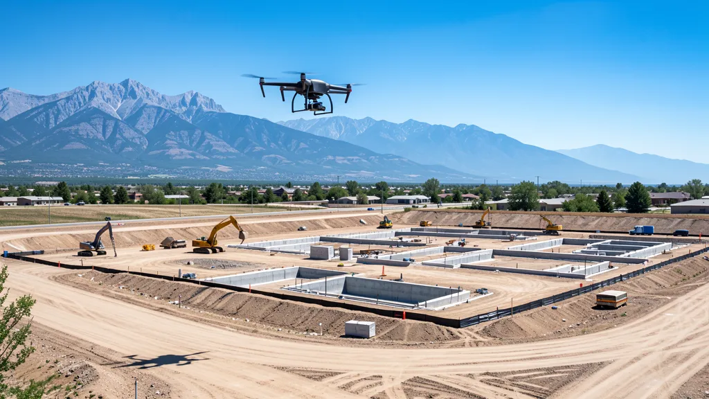 aerial imaging in progress at a construction site in Denver, CO with local terrain visible