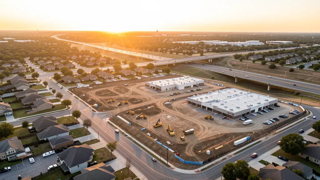 aerial imaging in progress at a construction site in DeSoto, TX with local terrain visible