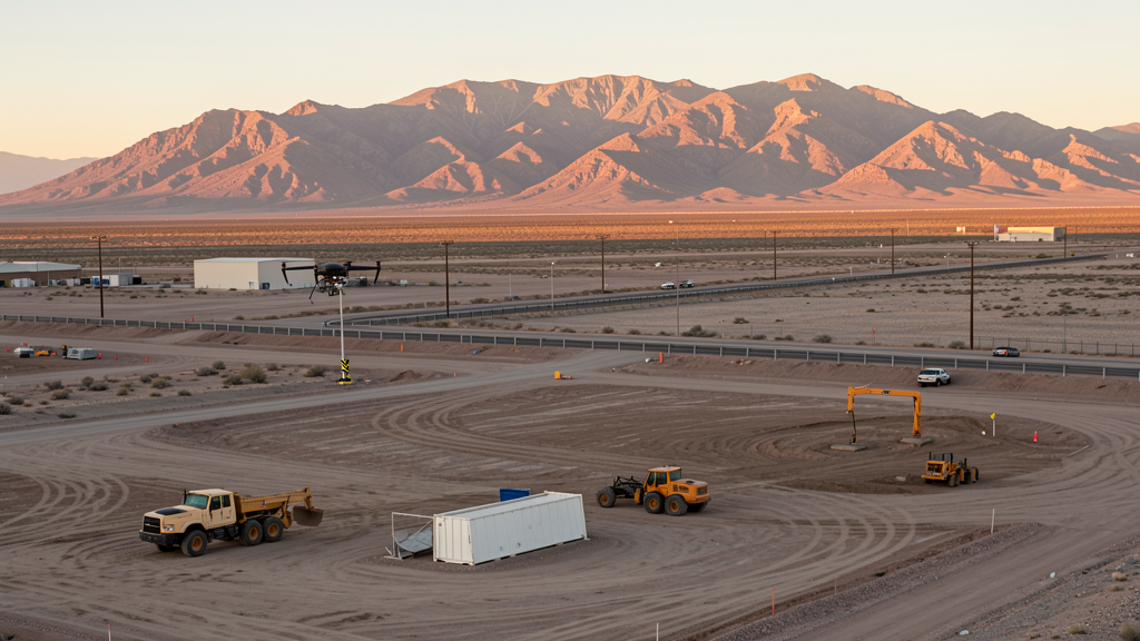 Drone survey in progress at a construction site in Douglas, AZ with local terrain visible