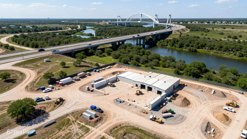 aerial imaging in progress at a construction site in Eagle Pass, TX with local terrain visible