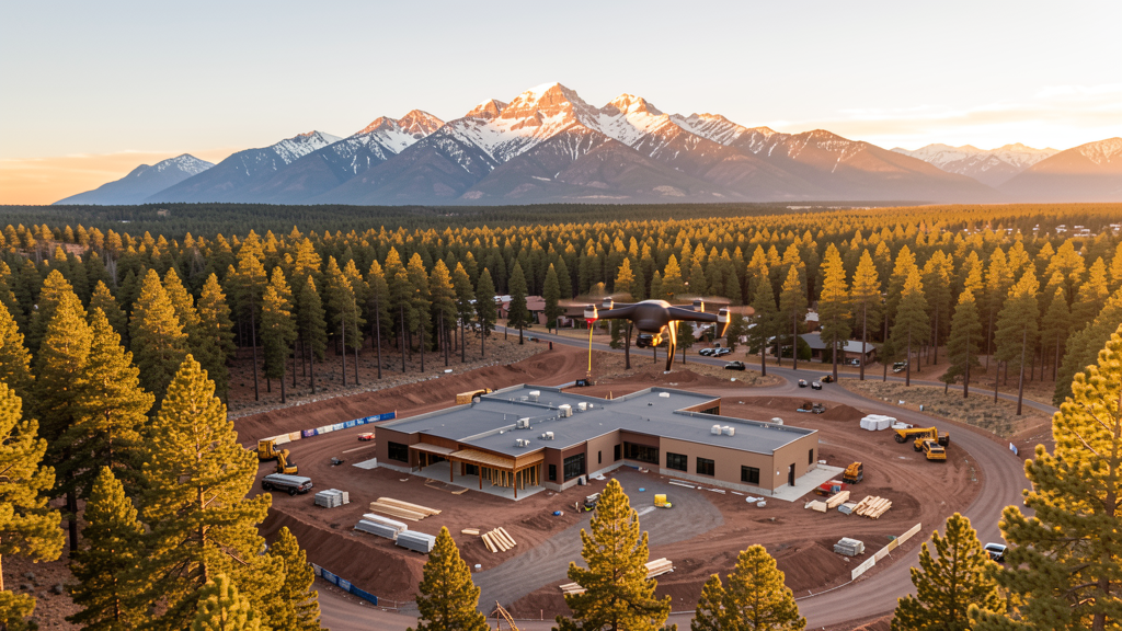 Drone survey in progress at a construction site in Flagstaff, AZ with local terrain visible