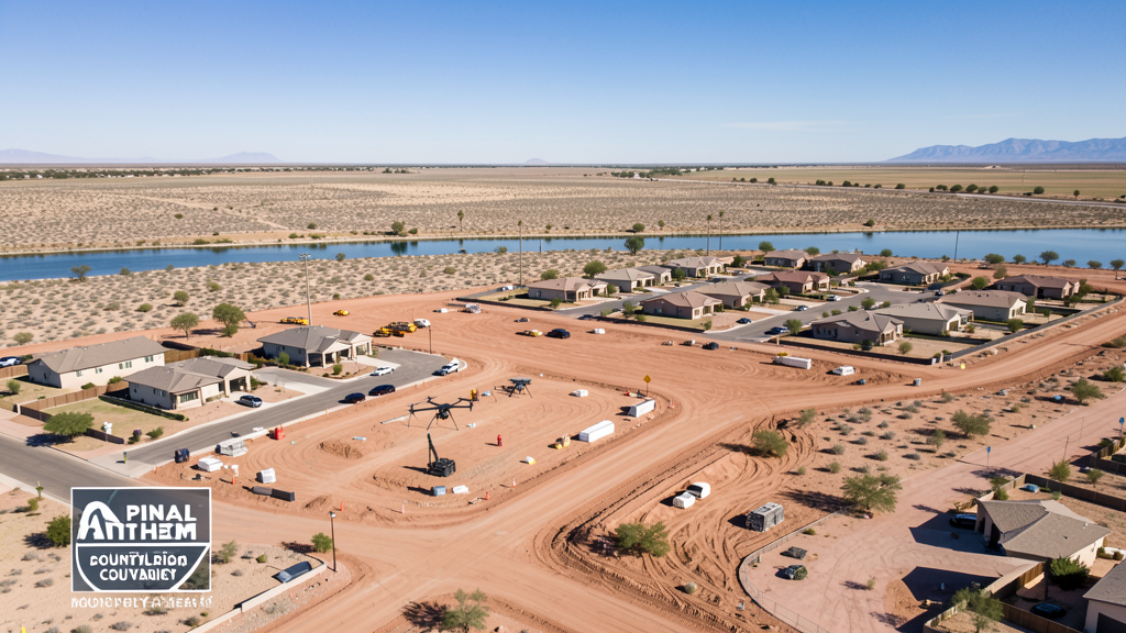 Drone survey in progress at a construction site in Florence, AZ with local terrain visible