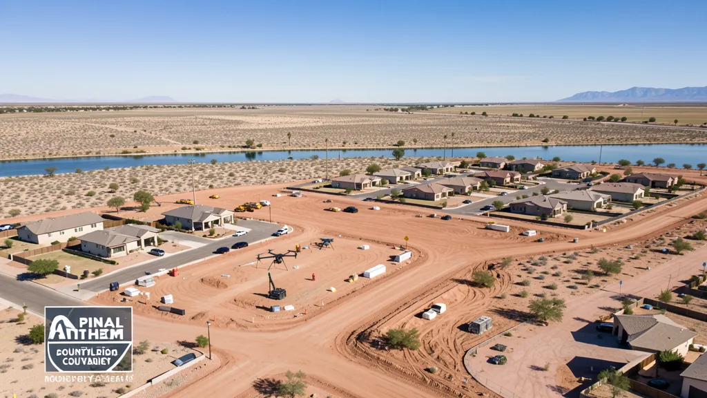 aerial imaging in progress at a construction site in Florence, AZ with local terrain visible