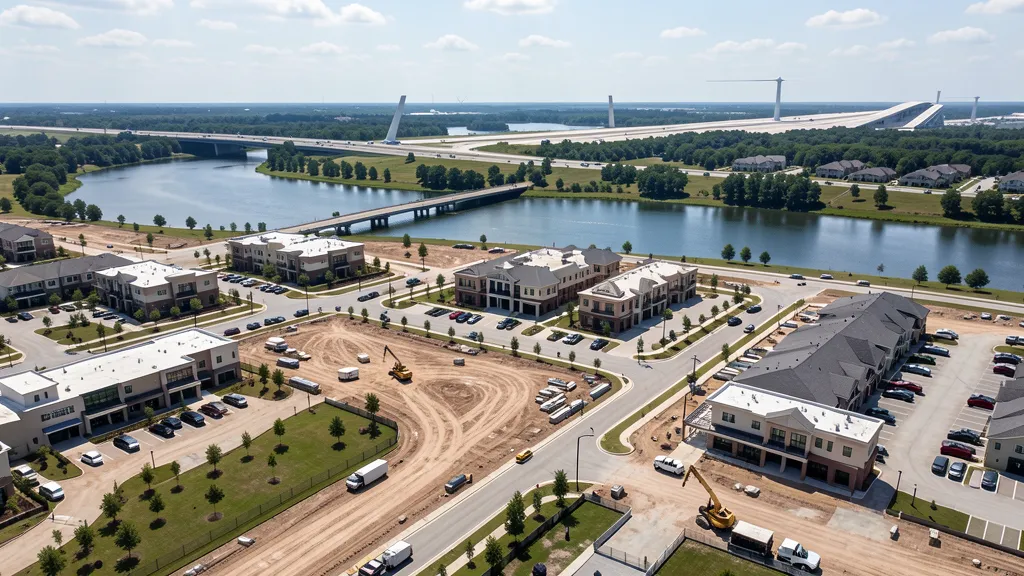 aerial imaging in progress at a construction site in Flower Mound, TX with local terrain visible