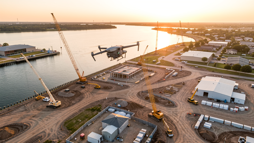 Drone survey in progress at a construction site in Fort Worth, TX with local terrain visible