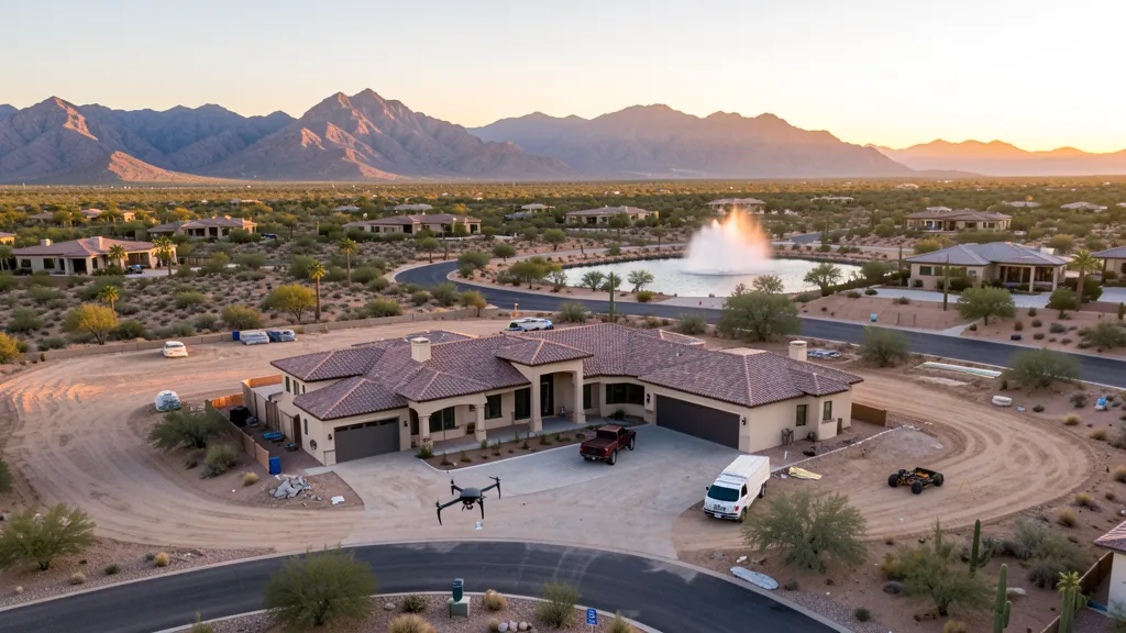 aerial imaging in progress at a construction site in Fountain Hills, AZ with local terrain visible