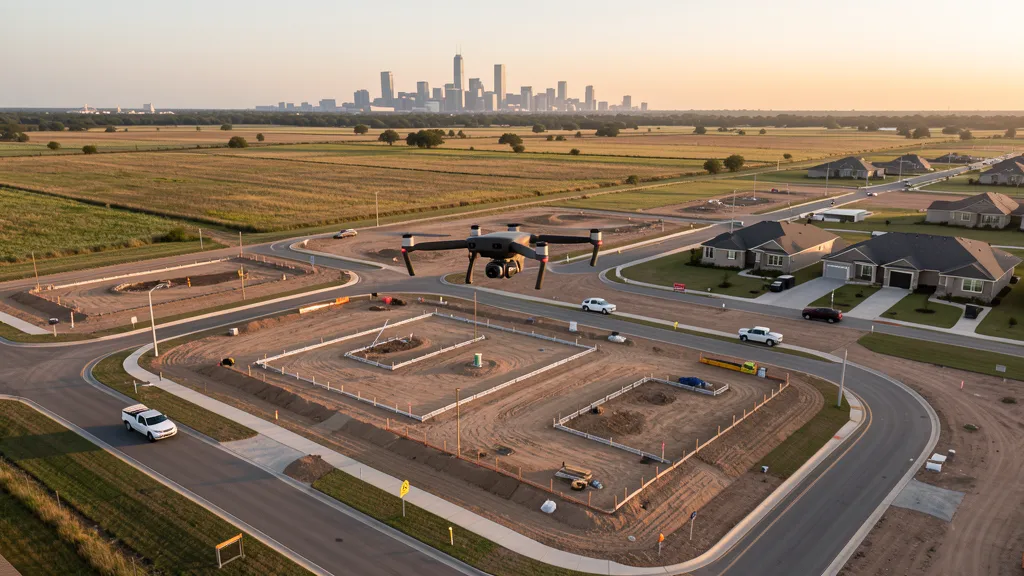 aerial imaging in progress at a construction site in Frisco, TX with local terrain visible