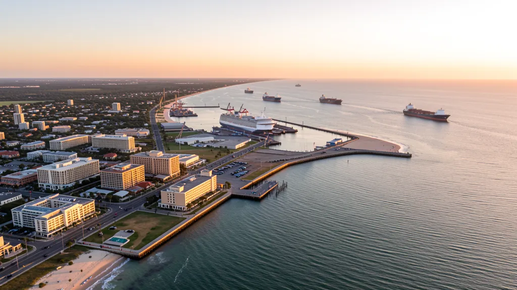 Aerial view of Galveston, TX showing the local landscape and terrain relevant to aerial imaging operations
