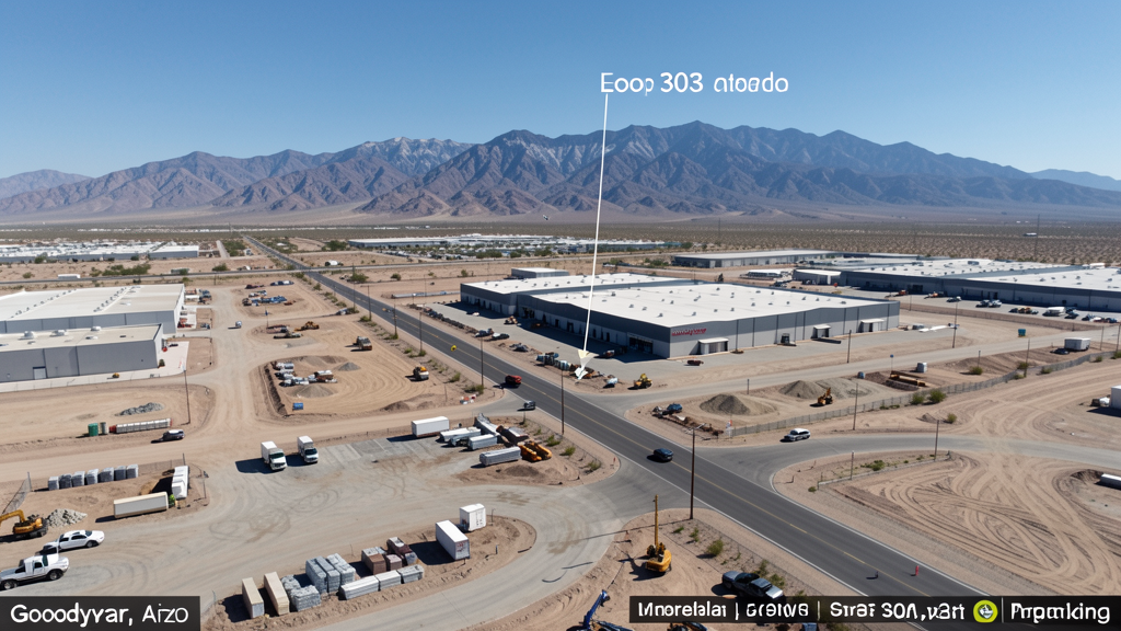 Drone survey in progress at a construction site in Goodyear, AZ with local terrain visible