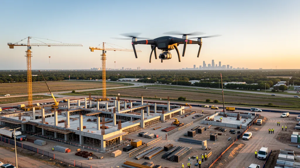 aerial imaging in progress at a construction site in Houston, TX with local terrain visible