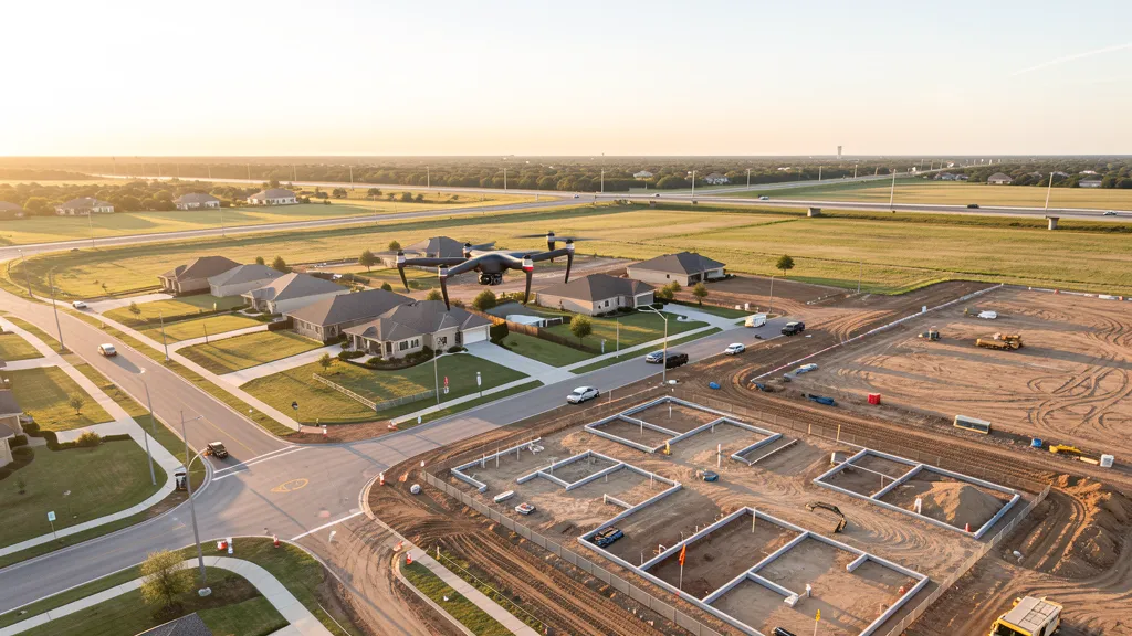 aerial imaging in progress at a construction site in Katy, TX with local terrain visible