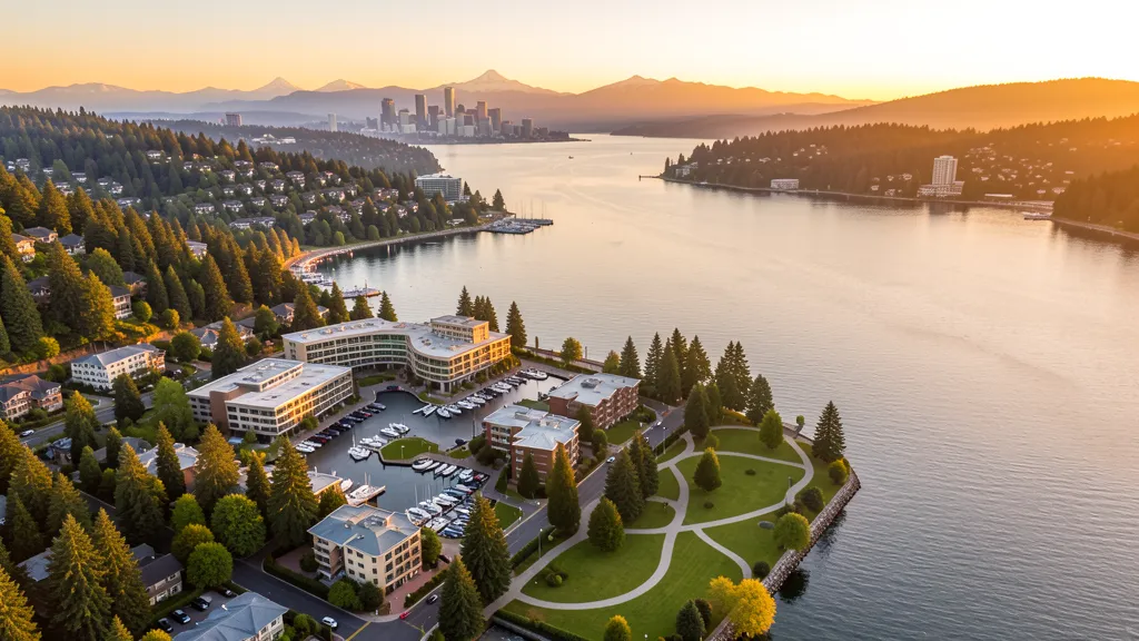 Aerial view of Kirkland, WA showing the local landscape and terrain relevant to aerial imaging operations