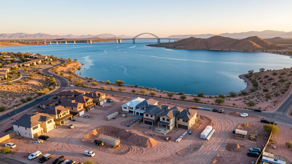 aerial imaging in progress at a construction site in Lake Havasu City, AZ with local terrain visible