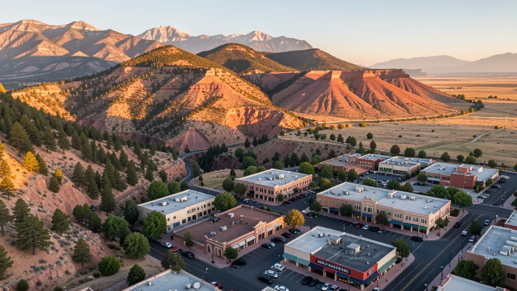 Aerial view of Las Vegas, NM showing the local landscape and terrain relevant to aerial imaging operations