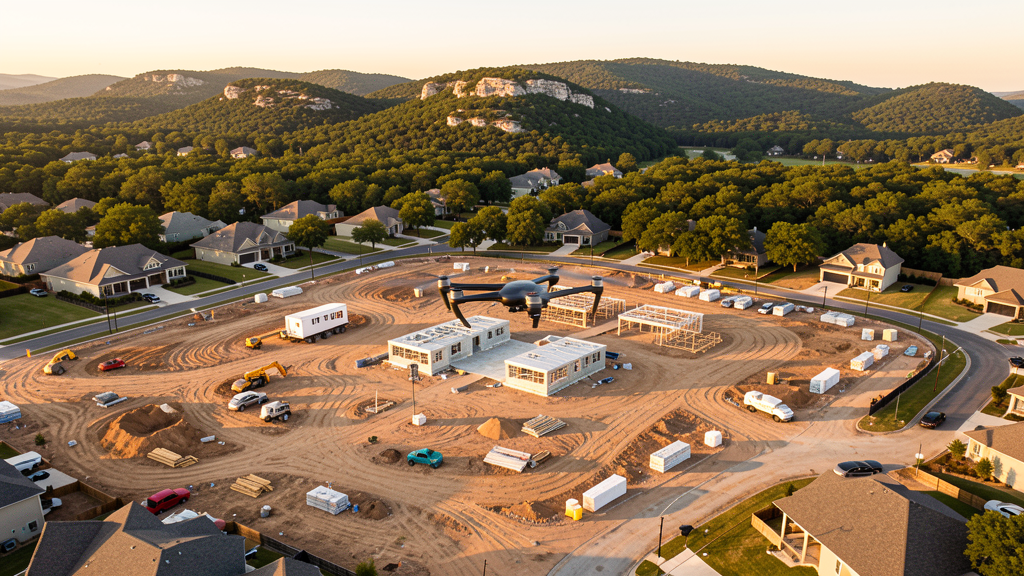 Drone survey in progress at a construction site in Leander, TX with local terrain visible