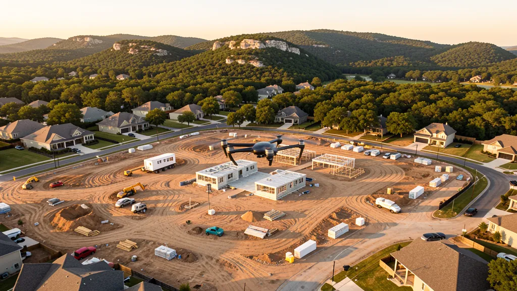 aerial imaging in progress at a construction site in Leander, TX with local terrain visible
