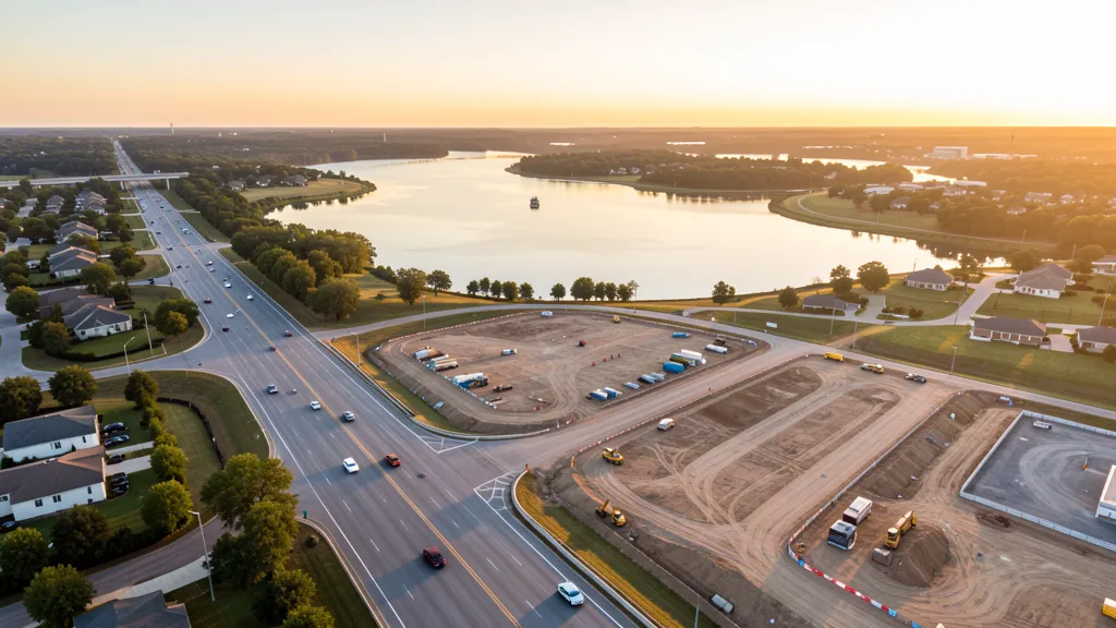 aerial imaging in progress at a construction site in Lewisville, TX with local terrain visible