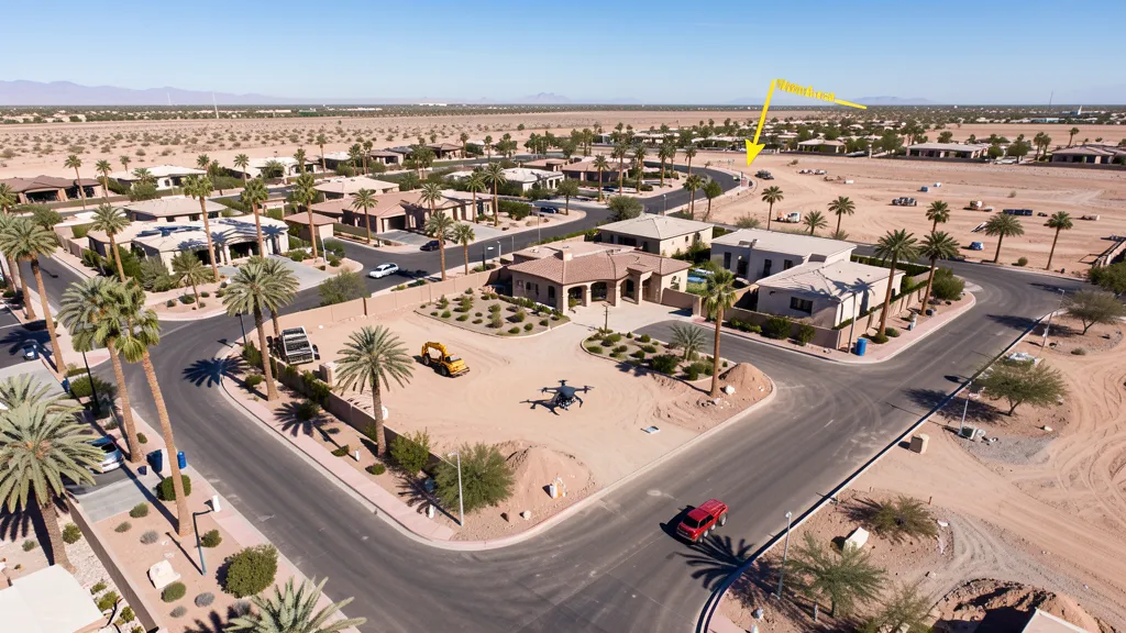 aerial imaging in progress at a construction site in Litchfield Park, AZ with local terrain visible