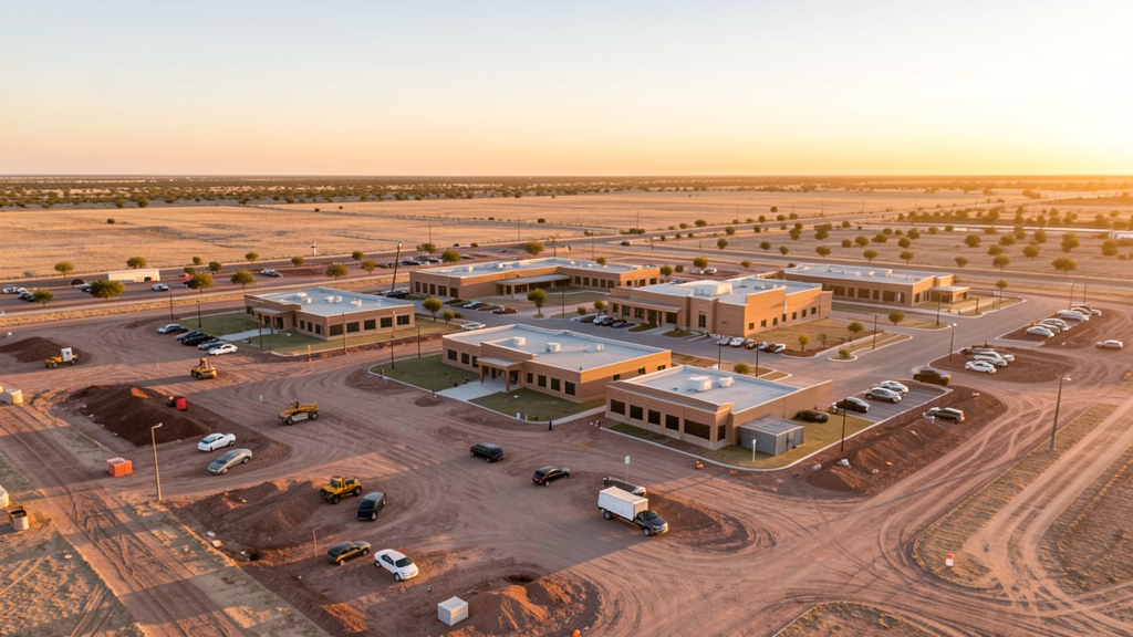 Drone survey in progress at a construction site in Lubbock, TX with local terrain visible