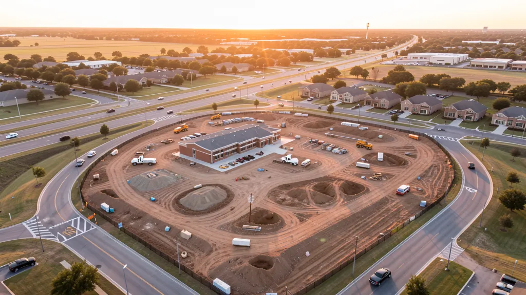 aerial imaging in progress at a construction site in Mansfield, TX with local terrain visible