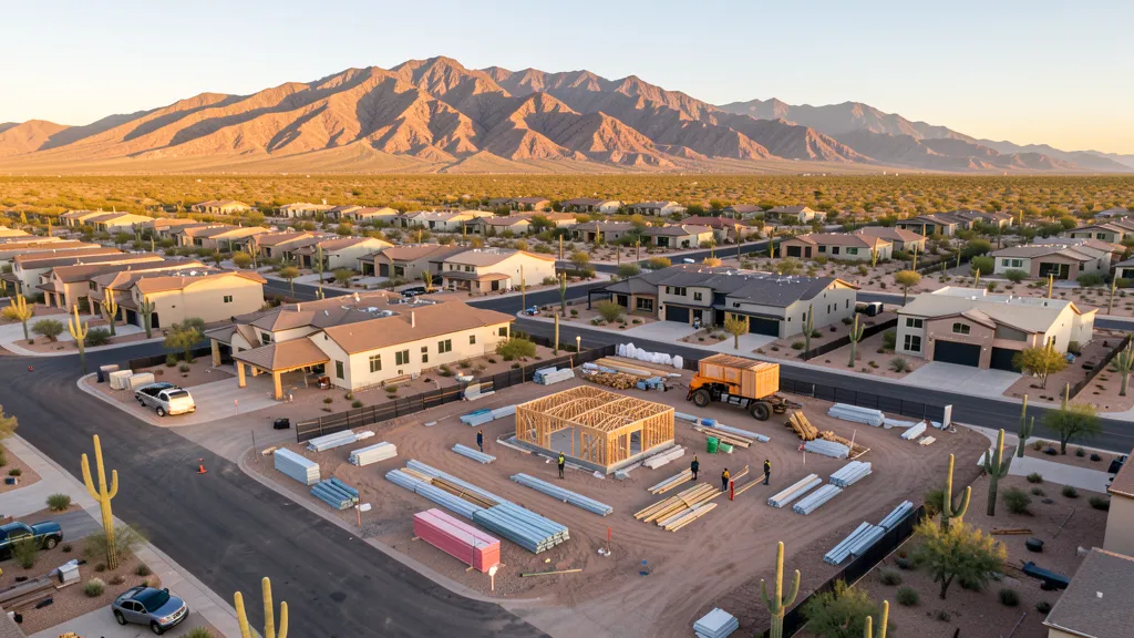 aerial imaging in progress at a construction site in Marana, AZ with local terrain visible