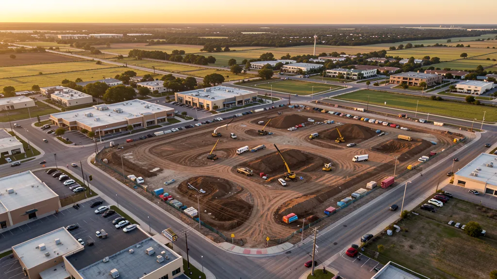 aerial imaging in progress at a construction site in McAllen, TX with local terrain visible