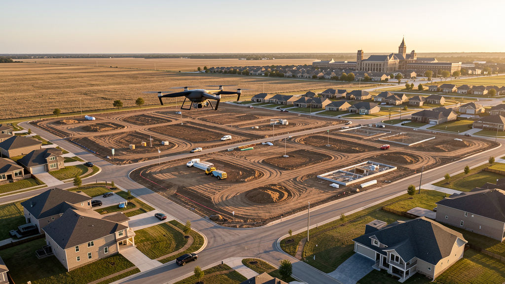 Drone survey in progress at a construction site in McKinney, TX with local terrain visible
