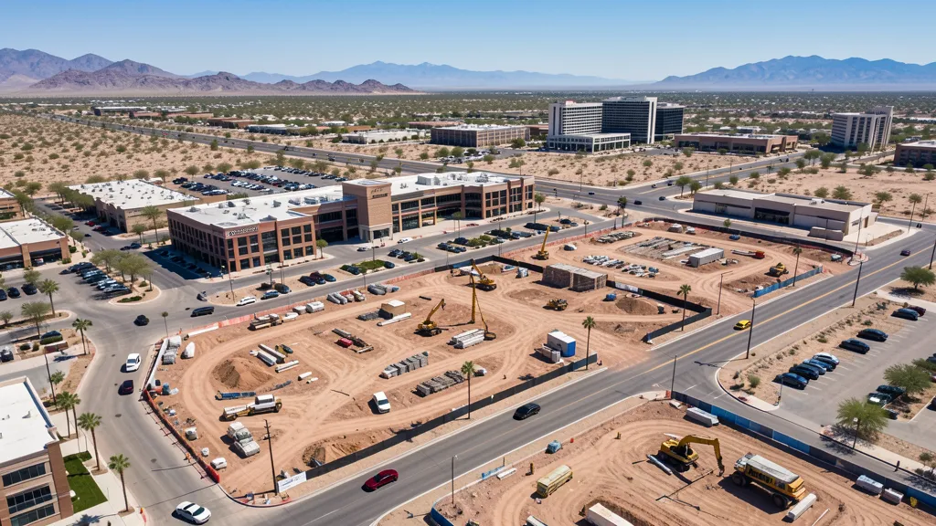 aerial imaging in progress at a construction site in Mesa, AZ with local terrain visible