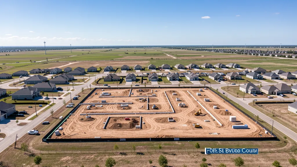 aerial imaging in progress at a construction site in Missouri City, TX with local terrain visible