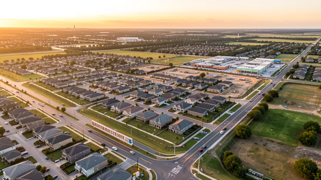 Aerial view of Missouri City, TX showing the local landscape and terrain relevant to aerial imaging operations