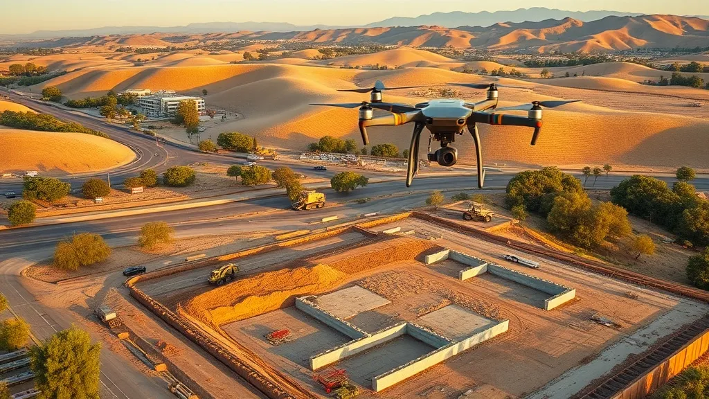 Drone survey in progress at a construction site in Morgan Hill, CA with local terrain visible